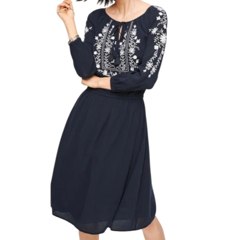 Talbots Womens Navy Blue Cotton Embroideredโ Peasant Dress XL Boho Indie Western